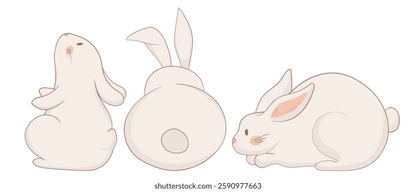 Sitting, back-view, and lying bunny icon. One rabbit sits upright, another is viewed from behind, and the third lies down in a relaxed pose. A soft and minimalist animal illustration