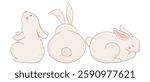 Sitting, back-view, and sleeping bunny icon. One rabbit sits upright, another is viewed from behind, and the third is curled up asleep. A soft and peaceful animal illustration