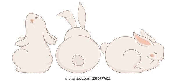 Sitting, back-view, and sleeping bunny icon. One rabbit sits upright, another is viewed from behind, and the third is curled up asleep. A soft and peaceful animal illustration