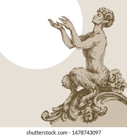 Sitting baroque scenic faun, engraving.