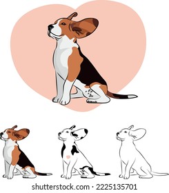 Sentando al perro Beagle con orejas grandes. Diseño del logo del perro de caza. Perro con viento, soplando. Caricatura de una mascota con un corazón. Ilustración de contorno negro, silueta beagle. Gracioso.