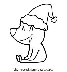 sitting bear hand drawn line drawing of a wearing santa hat