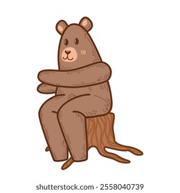 Sitting bear illustration with a charming rustic style on a tree stump. Great for woodland-themed graphics, eco-friendly event designs, or posters. Animal graphic for creative projects or digital art