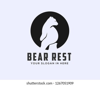 Sitting bear with relax, negative space in circle logo design inspiration