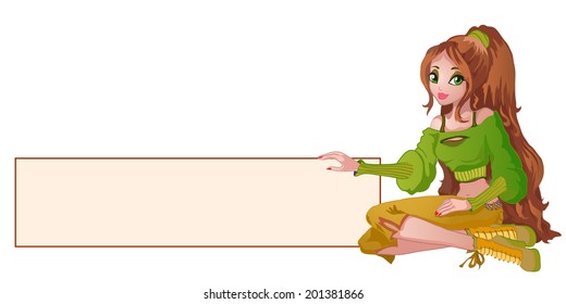 Sitting  beautiful girl with card blank.