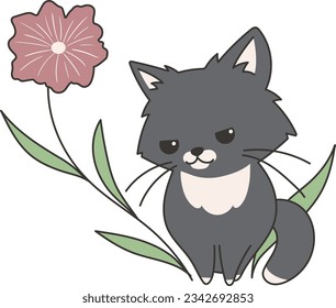 gato negro sentado y flor roja