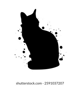Sitting Black Cat Silhouette with Ink Splatter Abstract Illustration.