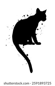 Sitting Black Cat Silhouette with Ink Splatter Abstract Illustration.
