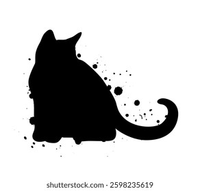 Sitting Black Cat Silhouette with Ink Splatter Abstract Illustration.