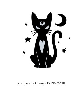 Sitting black cat, silhouette isolated on white background. Witch symbol, elements for halloween and witchcraft. Simple boho tattoo, vector illustration