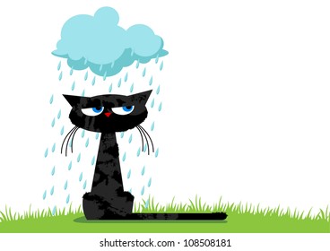 Sitting black unhappy funny cat and blue rainy cloud