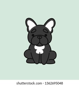 Sitting Black and White Coat French Bulldog Front Cartoon Vector Illustration