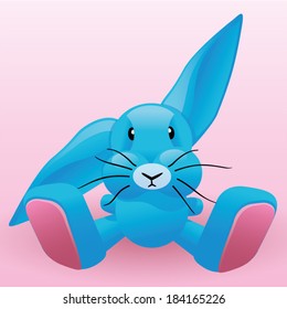 Sitting blue easter bunny with bended down ear