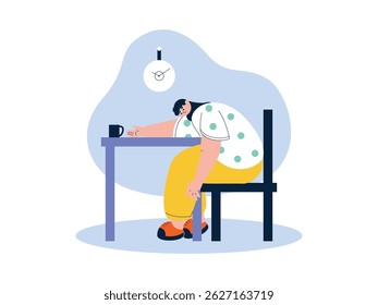 Sentado com a posição do corpo curvado sobre a mesa com uma mão como um descanso de cabeça, ilustração de vetor de preguiça.