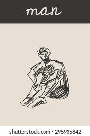 Sitting boy or man , in doodle engraving etching sketch hand drawing style, for urban sketching and fashion business design