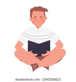 Sitting boy reading book. Pupil learning, school homework, book lover vector illustration