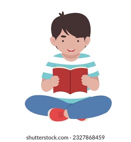 Sitting boy reading open book graphics vector