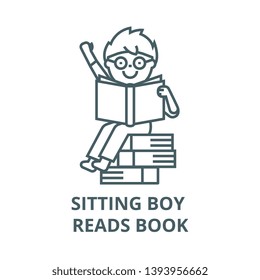 Sitting boy reads book vector line icon, linear concept, outline sign, symbol