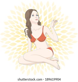 Sitting brunette woman wearing red swimsuit on sunny background.