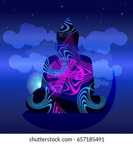 Sitting buddha in abstract silhouette over cosmic background neon sticker indian spirituality yoga vector illustration
