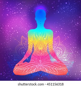 Sitting Buddha with beautifully detailed lotus flower. Esoteric vector illustration over night sky. Vintage  background. Indian, Buddhism. Psychedelic hippie tattoo, spirituality, Thailand, yoga zen.