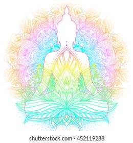 Sitting Buddha with beautifully detailed lotus flower. Esoteric vector illustration. Vintage  background. Indian, Buddhism, spiritual art. Psychedelic hippie tattoo, spirituality, Thailand, yoga zen.