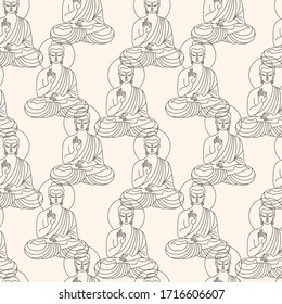 Sitting Buddha figure black and white seamless repeat vector pattern. Flat line simple drawing, linear modern outline sketch. Yoga, esoteric, spiritual background. Buddhist, indian, oriental template.
