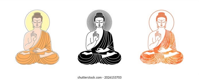 Sitting Buddha Illustrationen Set, Sammlung. Einfache Linie, Umrisszeichnung, schwarz-weißes Bild, bunte Aquarellfigur. Hand in Vitarka Mudra Geste. Indische, Yoga, esoterische Design-Elemente.