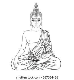 Sitting Buddha isolated on white. Esoteric vintage vector illustration. Indian, Buddhism, spiritual art. Hippie tattoo, spirituality, Thai god, yoga zen  Coloring book pages for adults.