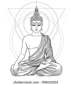 Sitting Buddha isolated on white. Vector illustration. Vintage decorative composition. Indian, Buddhism, Spiritual motifs. Tattoo, yoga, spirituality.  Coloring book for adults.