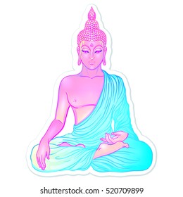 Sitting Buddha isolated on white. Vector illustration. Psychdelic neon composition. Indian, Buddhism, Spiritual Tattoo, yoga, spirituality. Sticker, patch, poster graphic design. 