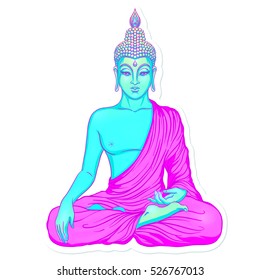 Sitting Buddha isolated on white. Vector illustration. Psychedelic neon composition. Indian, Buddhism, Spiritual Tattoo, yoga, spirituality. Sticker, patch, poster graphic design.