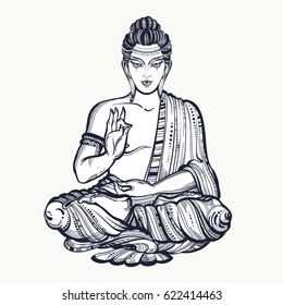 Sitting Buddha isolated vector illustration. High-detailed graphic hand-drawn art. Sign for tattoo, textile print, mascots and amulets