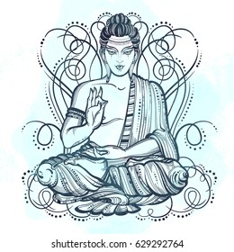 Sitting Buddha isolated vector illustration. High-detailed graphic hand-drawn art. Watercolor background. Sign for tattoo, textile print, mascots and amulets