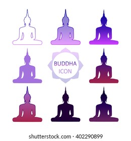 Sitting Buddha logo design vector illustration. Set of Buddha icons. Oriental symbol or sign of Buddhism in different graphic design effect in vector. Flat lay set of symbol eastern religions