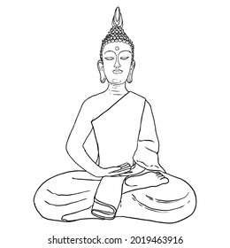 Sitting Buddha in lotus pose and meditating. Esoteric drawing. Indian spiritual teacher, Buddhism religious leader. Yoga zen club design. Purnima and Happy Vesak Day illustration elements. Vector.