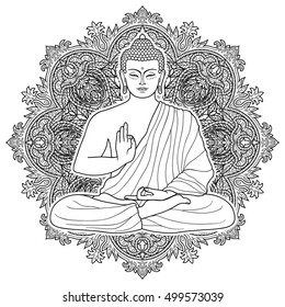 Sitting Buddha in Lotus position on floral round background. Sign for tattoo, textile print, mascots and amulets. Esoteric coloring page.