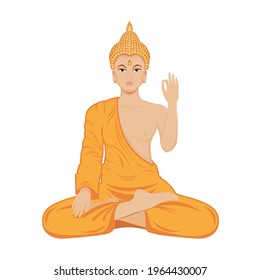 Sentando al Buda en el vector de posición del loto. Buda en un ícono de túnica naranja aislado en un fondo blanco. Sentando Buda en el vector de icono de meditación