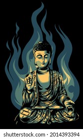 Sitting Buddha on black background. Vector illustration.