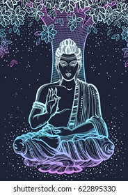 Sitting Buddha over the Bodhi Tree. Graphic high-quality vector illustration in neon colors. Spiritual and religious motives. Beautiful hand-drawn art composition