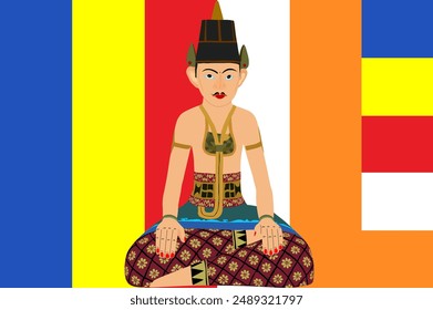 Sitting Buddha over Buddhism flag vector illustration. Indian, Buddhism, Spiritual Buddha, yoga, spirituality. Oriental culture. East religion orient.