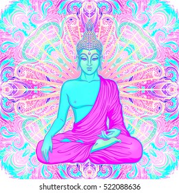 Sitting Buddha over colorful  background. Vector illustration. Psychedelic  neon composition. Indian, Buddhism, Spiritual Tattoo, yoga, spirituality. Sticker, patch, poster graphic design. 