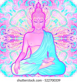 Sitting Buddha over colorful  background. Vector illustration. Psychedelic  neon composition. Indian, Buddhism, Spiritual Tattoo, yoga, spirituality. Sticker, patch, poster graphic design. 