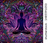 Sitting Buddha over colorful neon background. Vector illustration. Psychedelic  mushroom composition. Indian, Buddhism, Spiritual Tattoo, yoga, spirituality. Sticker, patch, 60s hippie colorful art. 