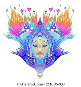 Sitting Buddha over colorful neon background. Vector illustration. Psychedelic  mushroom composition. Indian, Buddhism, Spiritual Tattoo, yoga, spirituality. Sticker, patch, 60s hippie colorful art. 