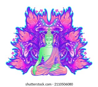 Sitting Buddha over colorful neon background. Vector illustration. Psychedelic  mushroom composition. Indian, Buddhism, Spiritual Tattoo, yoga, spirituality. Sticker, patch, 60s hippie colorful art. 