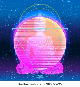 Sitting Buddha over colorful neon background. Vector illustration. Vintage decorative composition. Indian, Buddhism, Spiritual motifs. Tattoo, yoga, spirituality.  