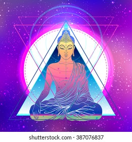 Sitting Buddha over colorful neon background. Vector illustration. Vintage decorative composition. Indian, Buddhism, Spiritual motifs. Tattoo, yoga, spirituality.  