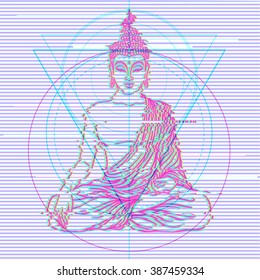 Sitting Buddha over colorful neon background. Vector illustration. Vintage decorative composition. Indian, Buddhism, Spiritual motifs. Tattoo, yoga, spirituality. Glitch corruption effect.
