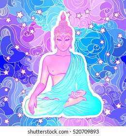 Sitting Buddha over colorful neon background. Vector illustration. Psychdelic  neon composition. Indian, Buddhism, Spiritual Tattoo, yoga, spirituality. Sticker, patch, poster graphic design.